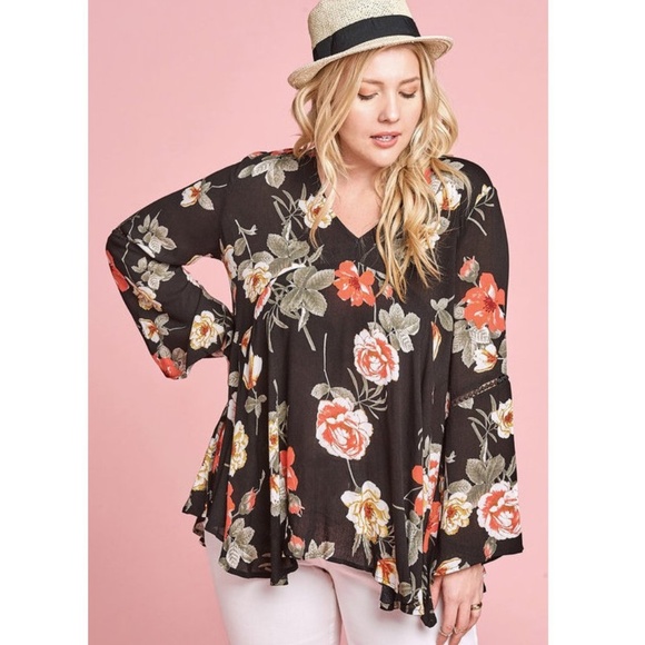 Plus Black Floral Bell Sleeve Babydoll Tunic Top - Picture 2 of 6